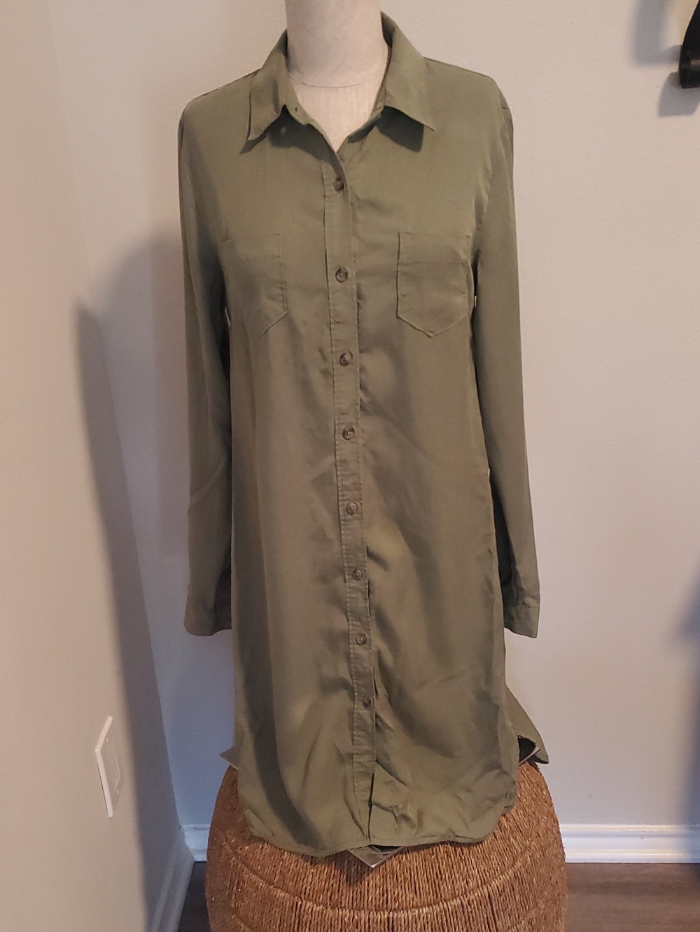 Merona Olive Green Button-Front Long Sleeve Shirt Dress
